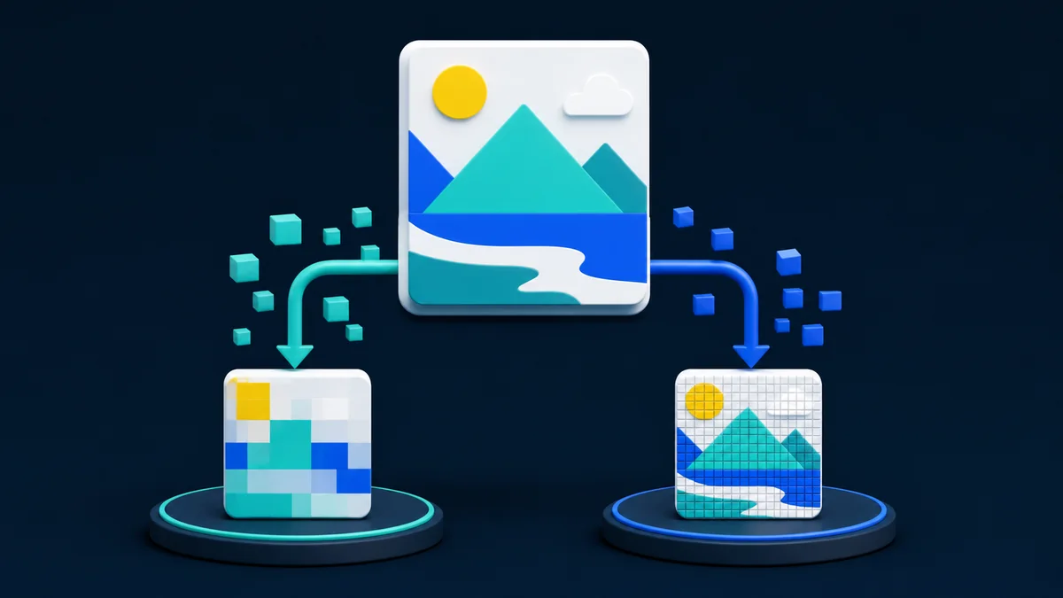 Detailed and simplified image blocks showing compression